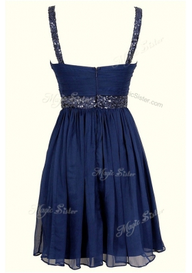 Glittering Knee Length Navy Blue Dress for Prom Chiffon Sleeveless Sequins