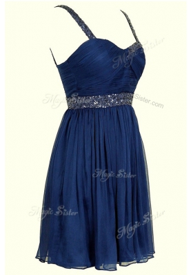 Glittering Knee Length Navy Blue Dress for Prom Chiffon Sleeveless Sequins