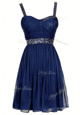 Glittering Knee Length Navy Blue Dress for Prom Chiffon Sleeveless Sequins
