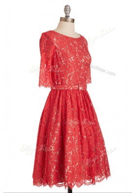 Red Lace Zipper Scoop Short Sleeves Knee Length Prom Dress Belt