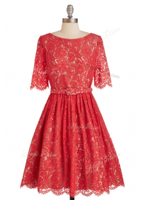 Red Lace Zipper Scoop Short Sleeves Knee Length Prom Dress Belt