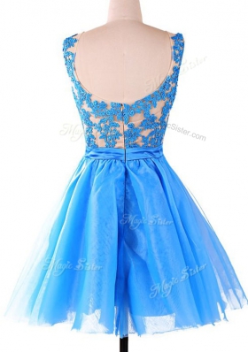 Scoop Baby Blue Sleeveless Lace Knee Length Dress for Prom