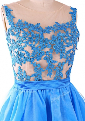 Scoop Baby Blue Sleeveless Lace Knee Length Dress for Prom