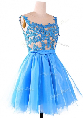 Scoop Baby Blue Sleeveless Lace Knee Length Dress for Prom