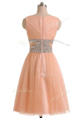 Tulle Scoop Sleeveless Zipper Beading Dress for Prom in Peach