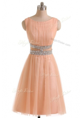 Tulle Scoop Sleeveless Zipper Beading Dress for Prom in Peach