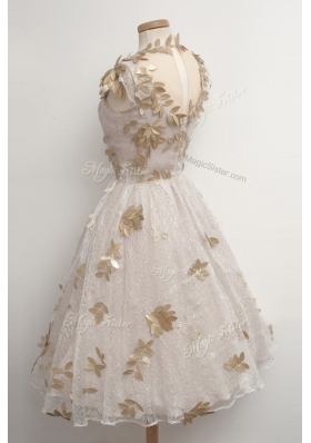 Attractive Ball Gowns Prom Party Dress Champagne High-neck Tulle Cap Sleeves Tea Length Zipper