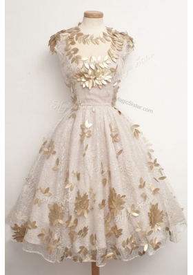 Attractive Ball Gowns Prom Party Dress Champagne High-neck Tulle Cap Sleeves Tea Length Zipper