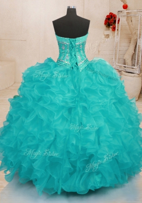 Beading and Ruffles Quinceanera Gowns Aqua Blue Lace Up Sleeveless Floor Length