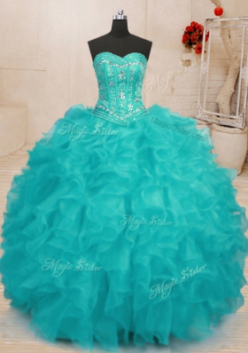 Beading and Ruffles Quinceanera Gowns Aqua Blue Lace Up Sleeveless Floor Length