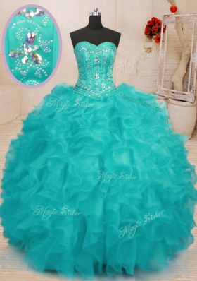 Beading and Ruffles Quinceanera Gowns Aqua Blue Lace Up Sleeveless Floor Length