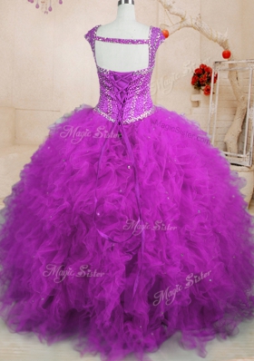 Cap Sleeves Tulle Floor Length Lace Up 15 Quinceanera Dress in Purple for with Beading and Ruffles