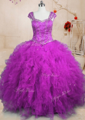 Cap Sleeves Tulle Floor Length Lace Up 15 Quinceanera Dress in Purple for with Beading and Ruffles