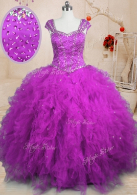 Cap Sleeves Tulle Floor Length Lace Up 15 Quinceanera Dress in Purple for with Beading and Ruffles