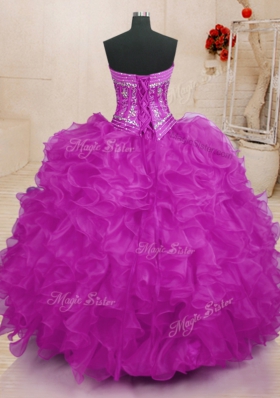 Chic Fuchsia Sleeveless Floor Length Beading and Ruffles Lace Up 15 Quinceanera Dress