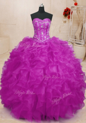 Chic Fuchsia Sleeveless Floor Length Beading and Ruffles Lace Up 15 Quinceanera Dress