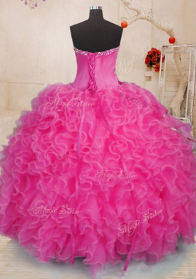 Clearance Organza Sweetheart Sleeveless Lace Up Beading and Ruffles Quinceanera Dress in Hot Pink