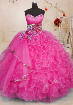 Clearance Organza Sweetheart Sleeveless Lace Up Beading and Ruffles Quinceanera Dress in Hot Pink