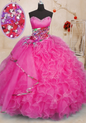 Clearance Organza Sweetheart Sleeveless Lace Up Beading and Ruffles Quinceanera Dress in Hot Pink