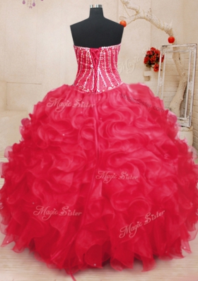 Coral Red Ball Gowns Organza Sweetheart Sleeveless Beading and Ruffles and Sequins Floor Length Lace Up Quinceanera Gown