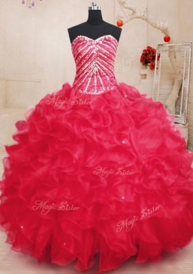 Coral Red Ball Gowns Organza Sweetheart Sleeveless Beading and Ruffles and Sequins Floor Length Lace Up Quinceanera Gown