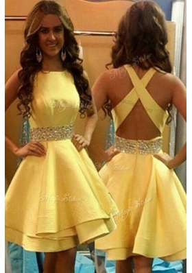 Customized Scoop Sleeveless Knee Length Beading Criss Cross Prom Evening Gown with Yellow