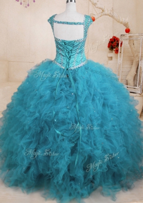 Dazzling Baby Blue Ball Gowns Tulle Square Cap Sleeves Beading and Ruffles Floor Length Lace Up Sweet 16 Quinceanera Dress