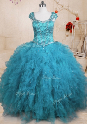 Dazzling Baby Blue Ball Gowns Tulle Square Cap Sleeves Beading and Ruffles Floor Length Lace Up Sweet 16 Quinceanera Dress