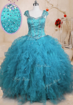 Dazzling Baby Blue Ball Gowns Tulle Square Cap Sleeves Beading and Ruffles Floor Length Lace Up Sweet 16 Quinceanera Dress