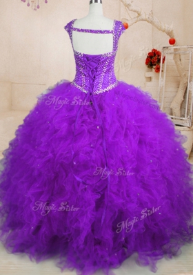 Dramatic Purple Tulle Lace Up Sweet 16 Quinceanera Dress Cap Sleeves Floor Length Beading and Ruffles