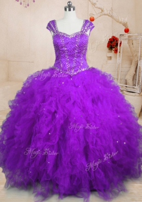 Dramatic Purple Tulle Lace Up Sweet 16 Quinceanera Dress Cap Sleeves Floor Length Beading and Ruffles