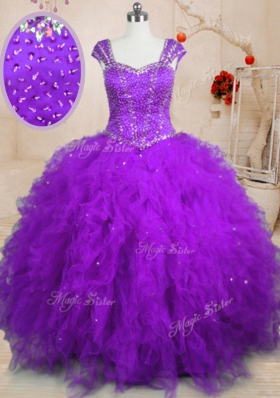 Dramatic Purple Tulle Lace Up Sweet 16 Quinceanera Dress Cap Sleeves Floor Length Beading and Ruffles