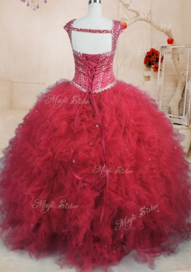 Enchanting Red Tulle Lace Up Sweet 16 Quinceanera Dress Cap Sleeves Floor Length Beading and Ruffles
