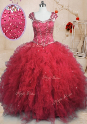 Enchanting Red Tulle Lace Up Sweet 16 Quinceanera Dress Cap Sleeves Floor Length Beading and Ruffles