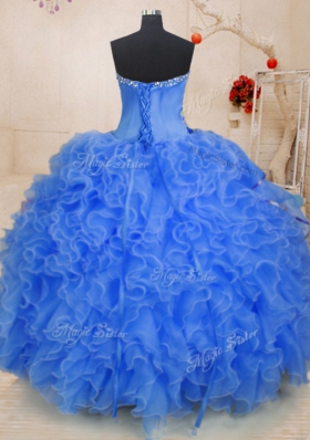 Fantastic Blue Sweetheart Lace Up Beading and Ruffles Sweet 16 Dress Sleeveless