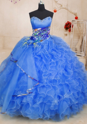 Fantastic Blue Sweetheart Lace Up Beading and Ruffles Sweet 16 Dress Sleeveless