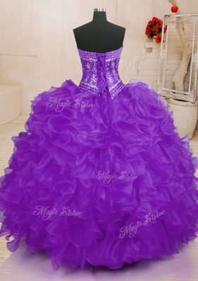 Floor Length Purple Sweet 16 Dress Organza Sleeveless Beading and Ruffles
