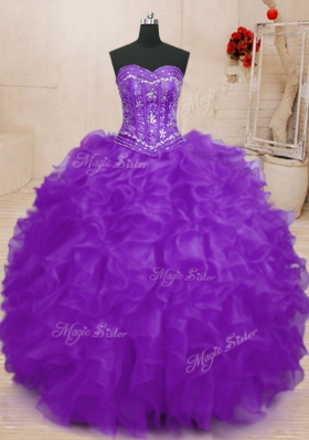 Floor Length Purple Sweet 16 Dress Organza Sleeveless Beading and Ruffles