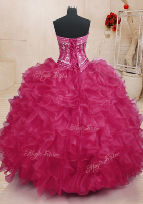 Great Coral Red Sleeveless Beading and Ruffles Floor Length 15 Quinceanera Dress