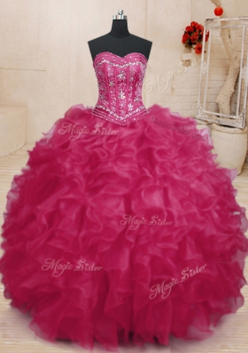 Great Coral Red Sleeveless Beading and Ruffles Floor Length 15 Quinceanera Dress
