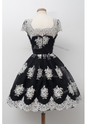 Knee Length Black Prom Dresses Scoop Cap Sleeves Lace Up