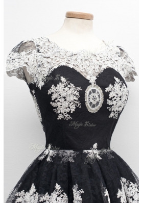 Knee Length Black Prom Dresses Scoop Cap Sleeves Lace Up