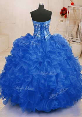 Modern Blue Sweetheart Neckline Beading and Ruffles Ball Gown Prom Dress Sleeveless Lace Up