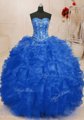 Modern Blue Sweetheart Neckline Beading and Ruffles Ball Gown Prom Dress Sleeveless Lace Up