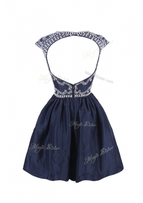 Navy Blue Satin Backless Scoop Cap Sleeves Knee Length Beading