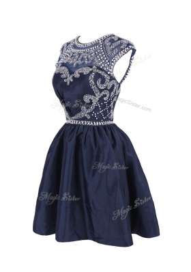 Navy Blue Satin Backless Scoop Cap Sleeves Knee Length Beading