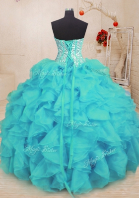 On Sale Aqua Blue Sweetheart Neckline Beading and Ruffles Quinceanera Gown Sleeveless Lace Up