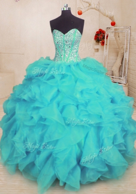 On Sale Aqua Blue Sweetheart Neckline Beading and Ruffles Quinceanera Gown Sleeveless Lace Up