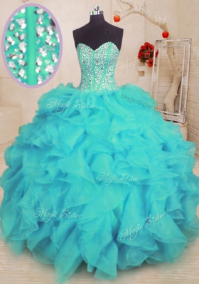 On Sale Aqua Blue Sweetheart Neckline Beading and Ruffles Quinceanera Gown Sleeveless Lace Up