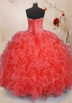 On Sale Sweetheart Sleeveless Quinceanera Gown Floor Length Beading and Ruffles Coral Red Organza